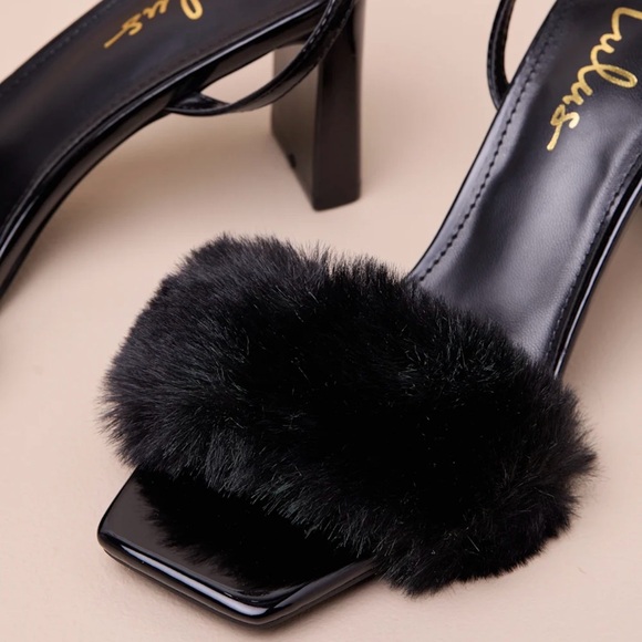 NWB - Lulus Kerstin Black Faux Fur Ankle Strap High Heel Sandals - Size 9 - Picture 3 of 9